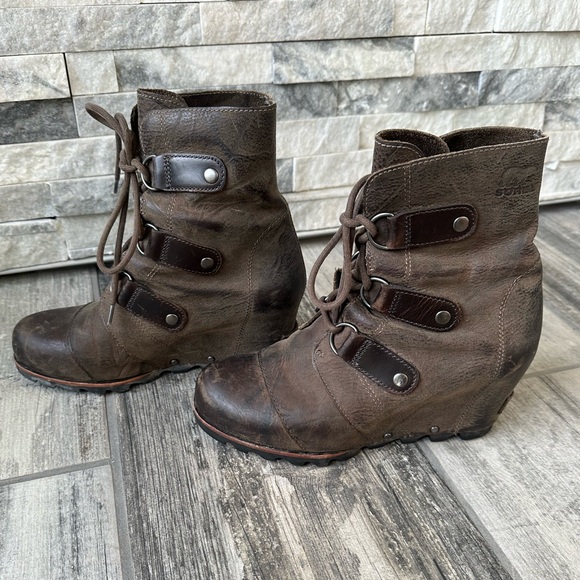 Sorel Joan of Arctic Wedge Brown Lace Up Waterproof  Winter Boots Distressed Sz7 - Picture 6 of 14